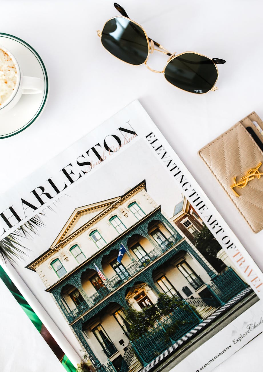 stylish flat lay with charleston magazine