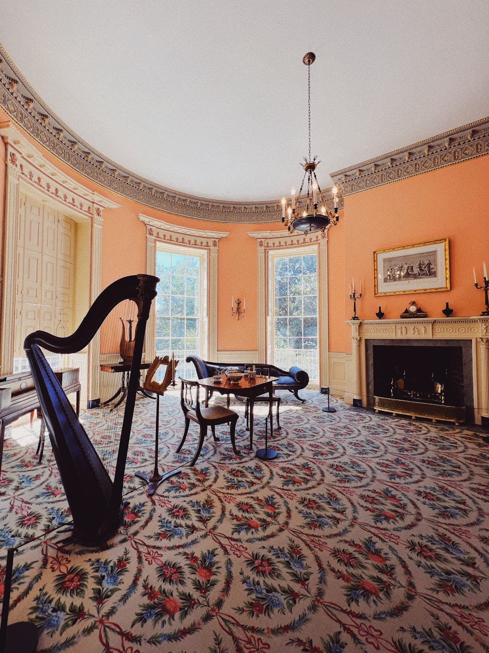 elegant historical room with harp in charleston